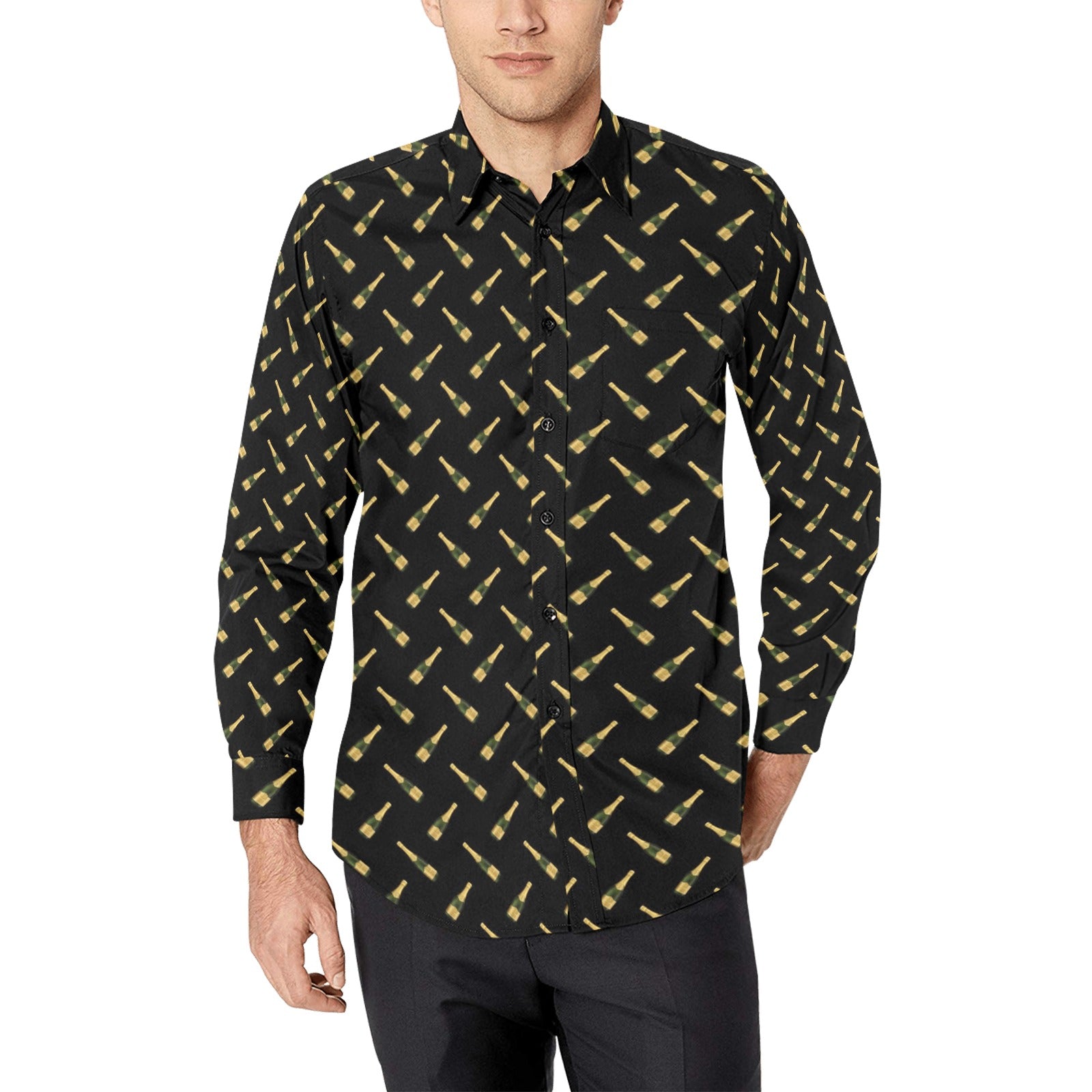 Champagne Bottles Long Sleeve Men Button Up Shirt, Black Drinking Print Guys Male Buttoned Collar Dress Nye Party Casual Shirt Chest Pocket M Champagne Bottles Long Sleeve Men Button Up Shirt, Black Drinking Print Guys Male Buttoned Collar Dress Nye Party Casual Shirt Chest Pocket M