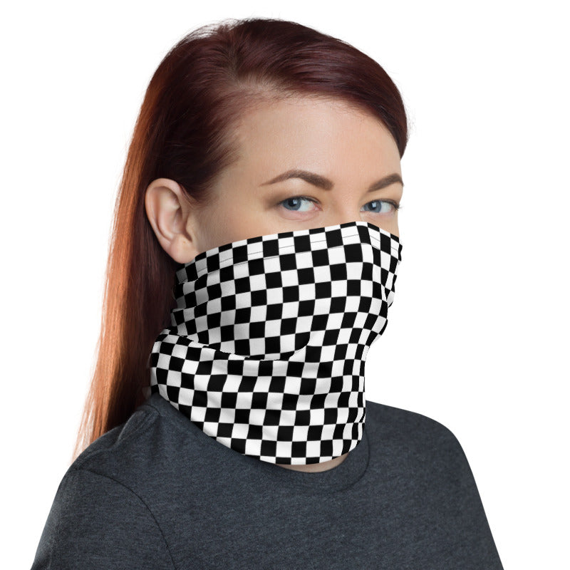 Black White Check Face Mask Neck Gaiter, Checkered Gingham Racing Fabric Cloth Mouth Shield Cover Fashion Half Washable Protection Scarf bandanna Starcove Fashion