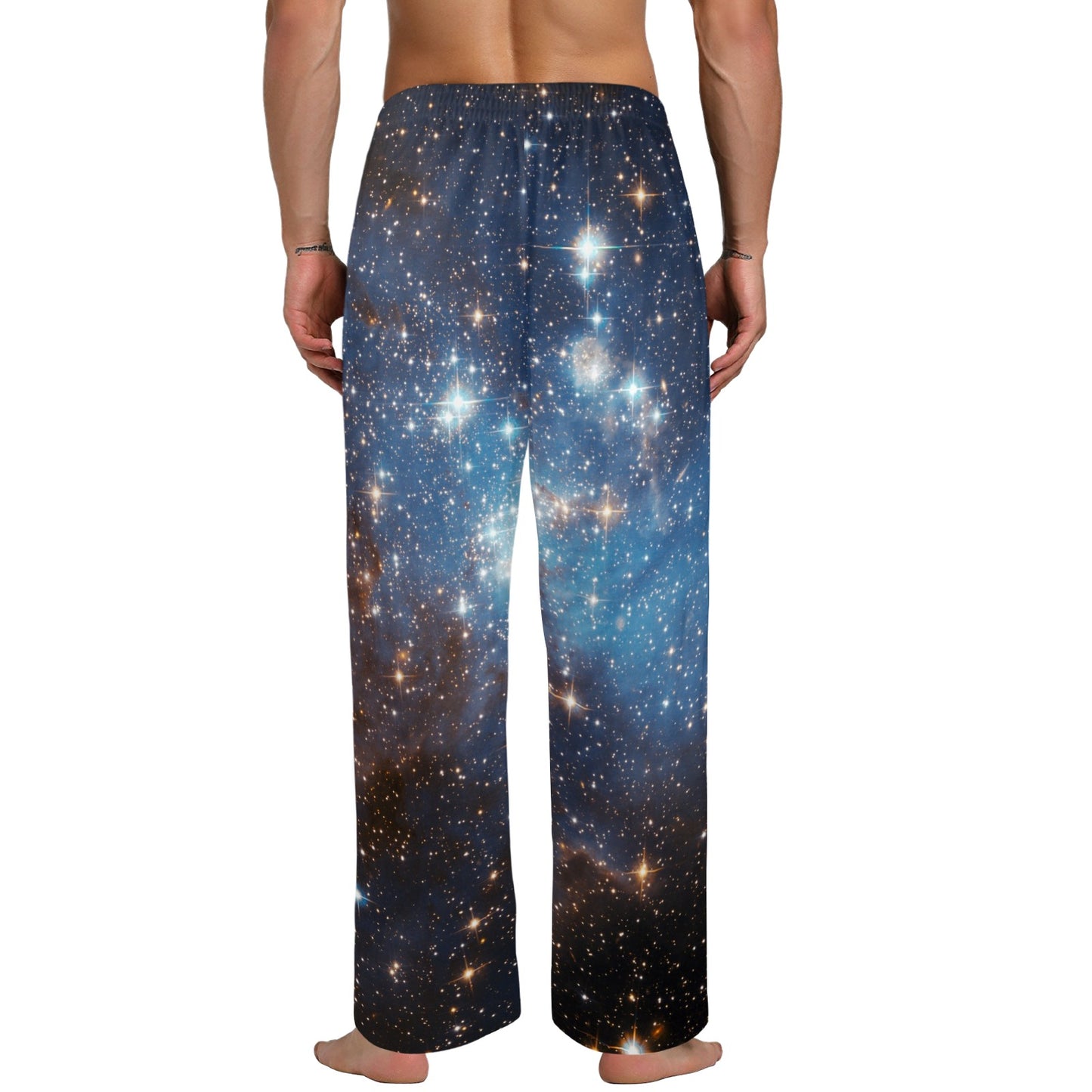 Galaxy Space Men Pajamas Pants, Universe Blue Satin PJ Pockets Sleep Lounge Trousers Couples Matching Trousers Bottoms Starcove Fashion