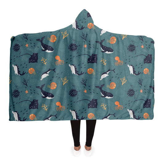 Marine Animals Hooded Blanket, Dolphin Whale Stingray Turtle Sherpa Fleece Throw Soft Fluffy Adult Men Women Kids Large Gift Starcove Fashion