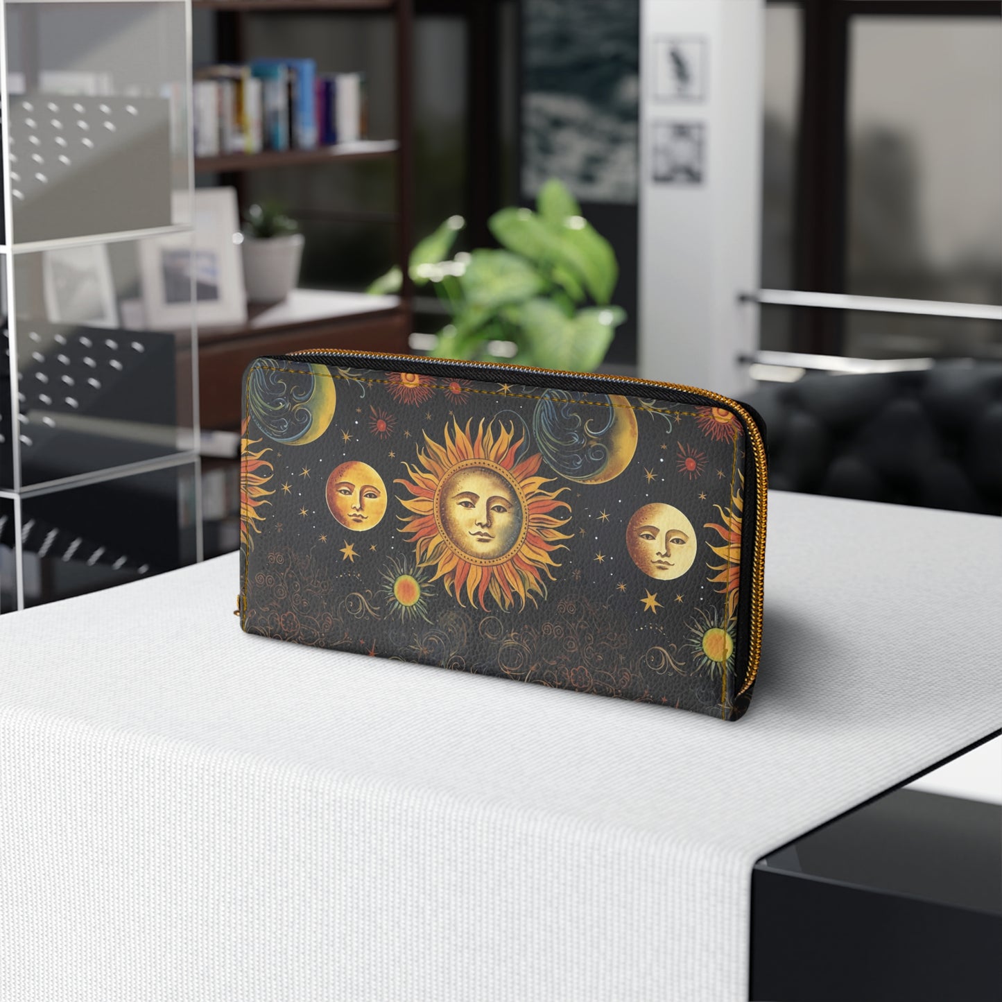 Sun and Moon Leather Wallet Women, Vintage Vegan Zipper Zip Around Coins Credit Cards Pocket Cash Ladies Pouch Slim Clutch Purse Starcove Fashion