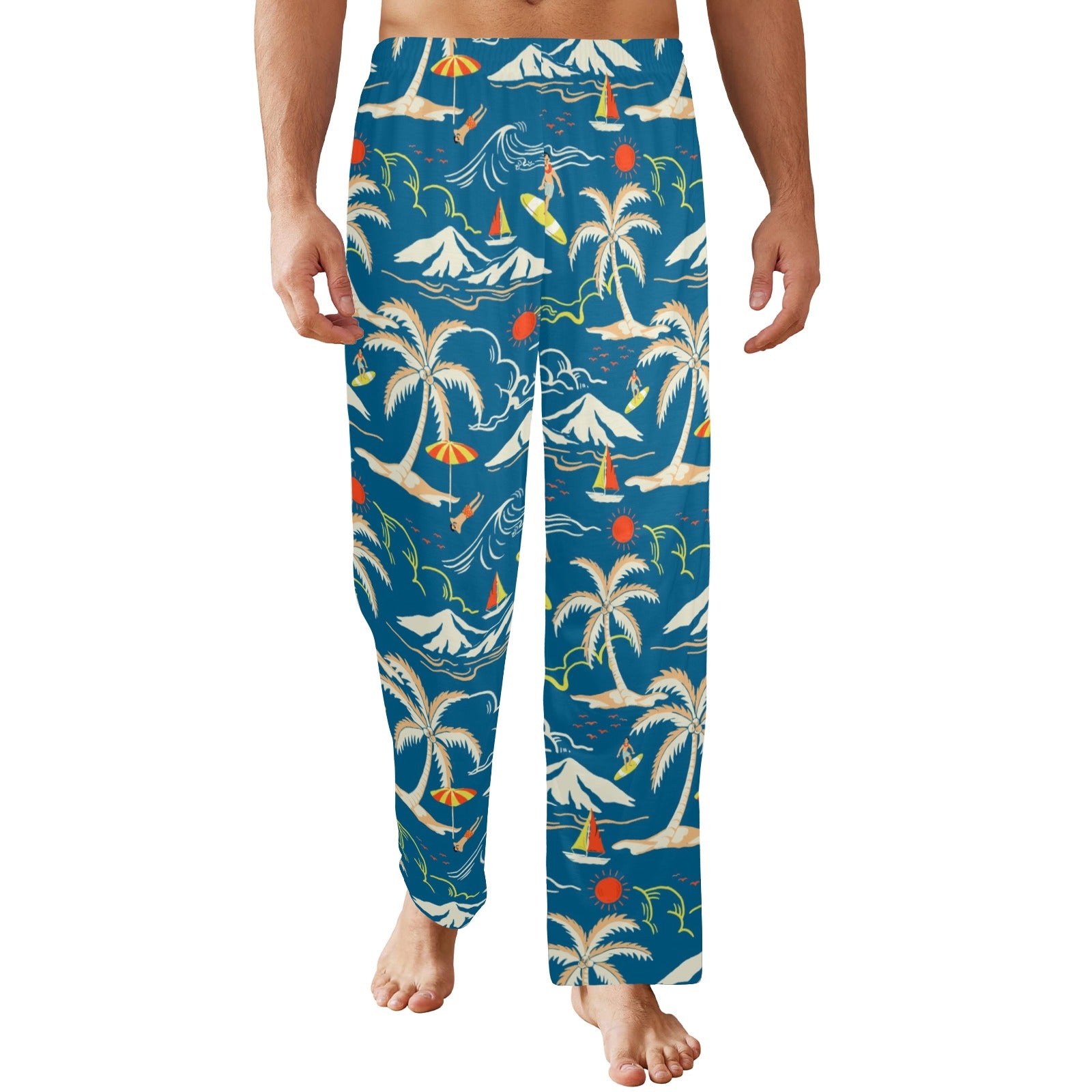 Tropical Men Pajamas Pants, Ocean Beach Sea Palm Trees Vacation Pattern Satin PJ Pockets Sleep Trousers Couples Matching Trousers Bottoms S