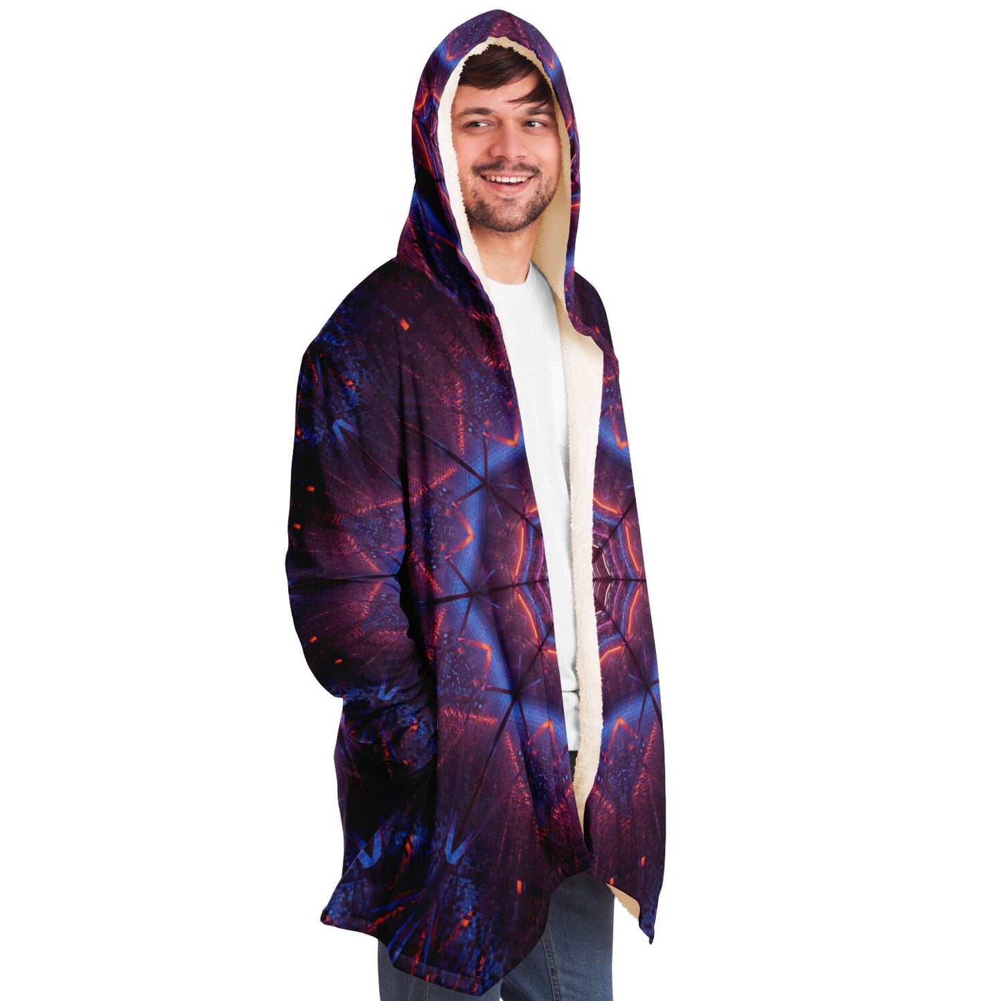 Mandala Hooded Cloak, Space Cosmic Purple Men Women Modern Winter Warm Mink Blanket Festival Rave Wearable Cape with Pockets Starcove Fashion