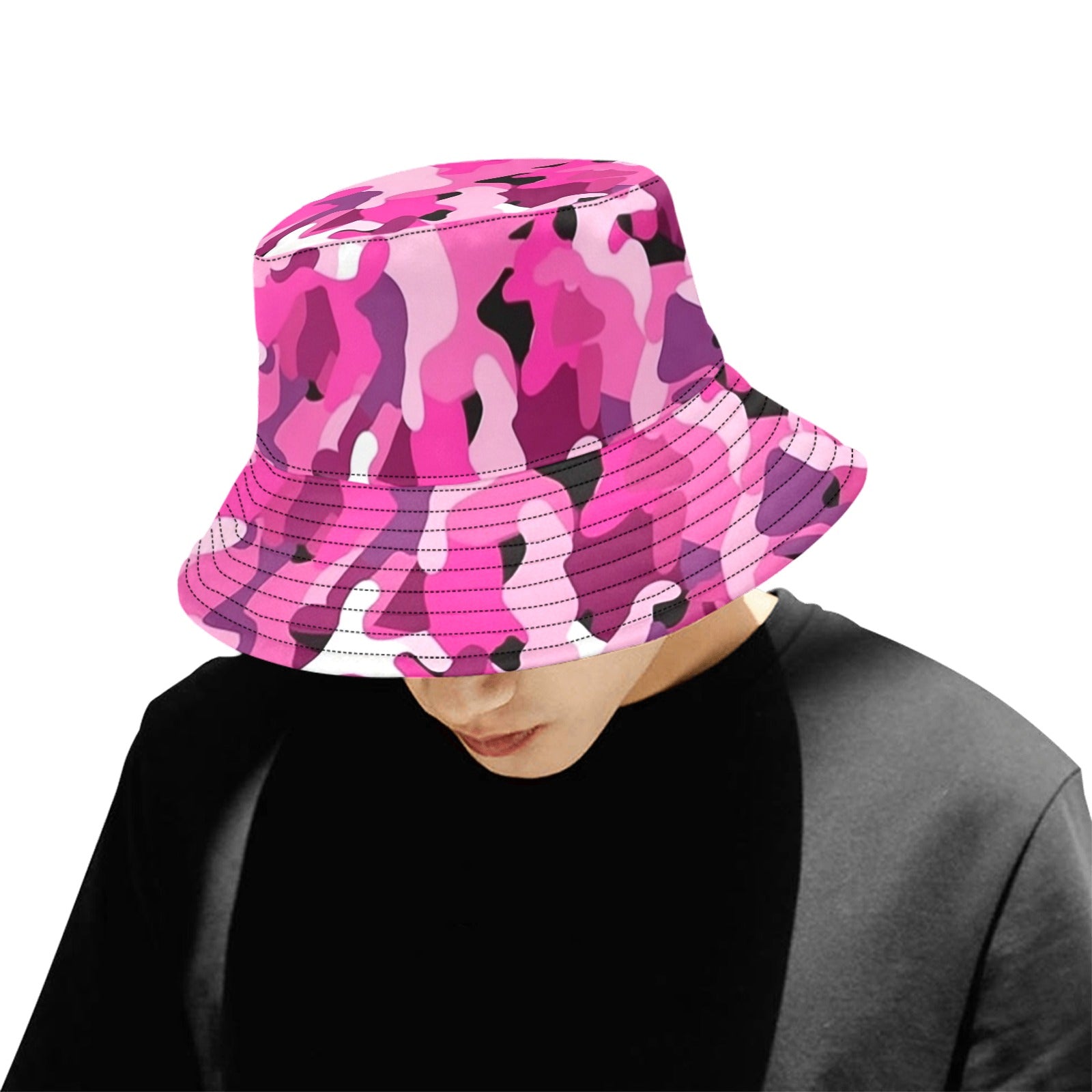Pink Camo Bucket Hat, Camouflage Retro Vintage Summer Festival Cute Women Men Designer Beach Sun Shade Y2K Reversible Twill