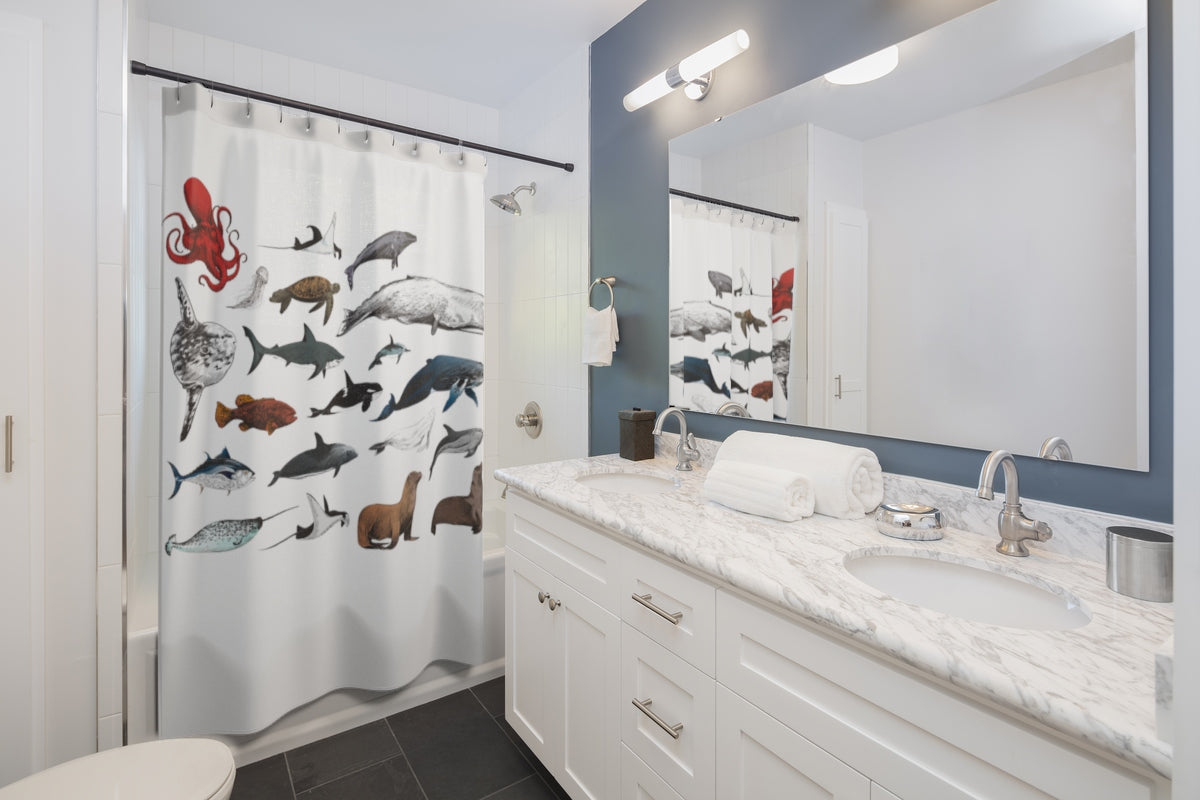 Nautical Shower Curtains, Ocean Sea Marine Life Cute Whale Octopus Turtle Dolphin Beach Bath Bathroom Decor Housewarming Gift Starcove Fashion
