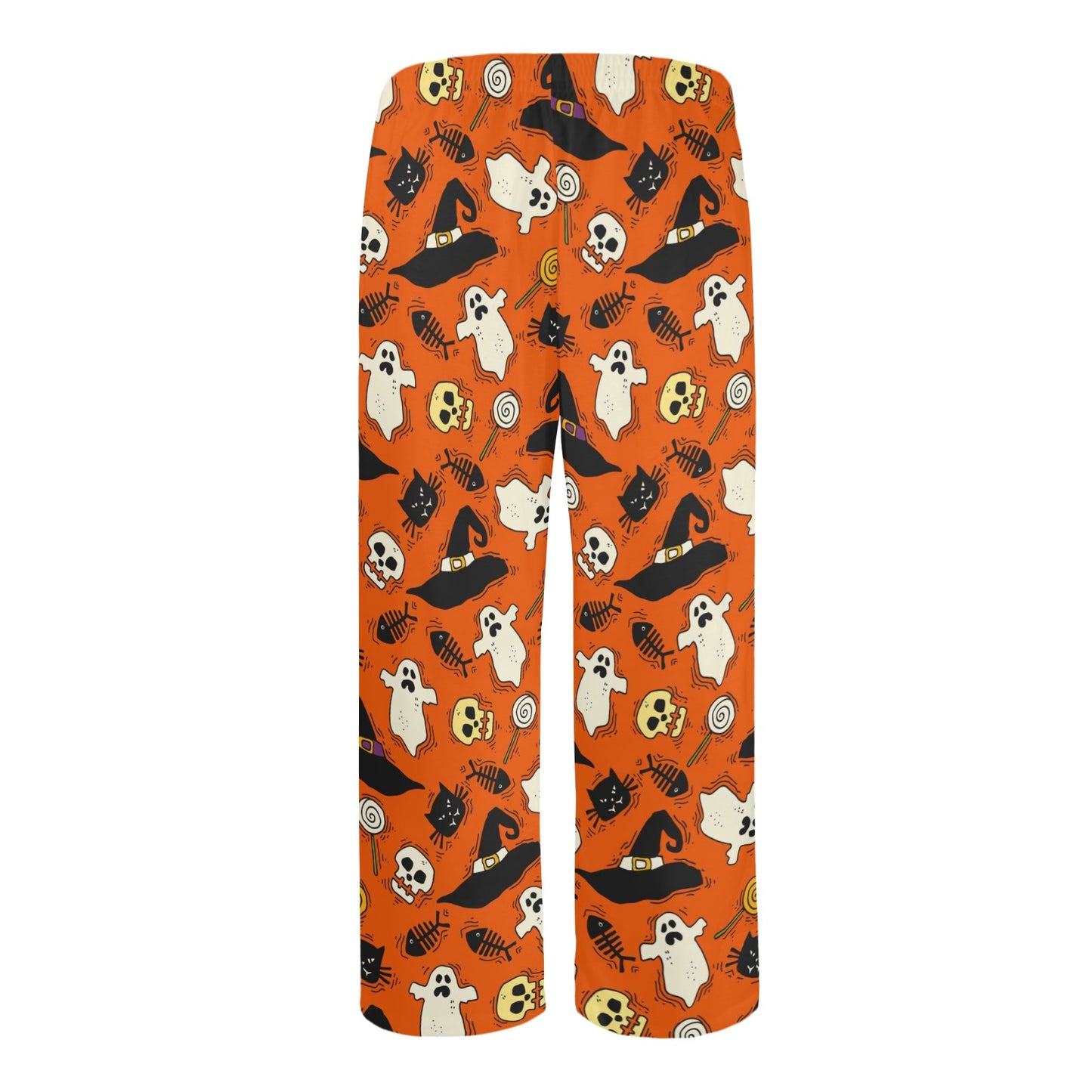 Halloween Men Pajamas Pants, Orange Spooky Ghost Skull Satin PJ Pockets Sleep Lounge Trousers Couples Matching Trousers Bottoms Starcove Fashion