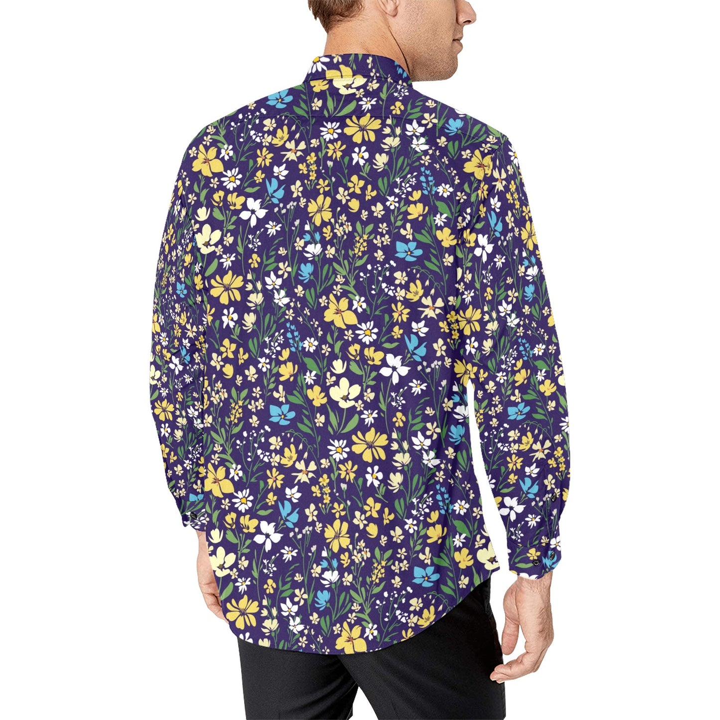 Floral Long Sleeve Men Button Up Shirt, Flowers Purple Print Casual Buttoned Collared Designer Dress Shirt with Chest Pocket