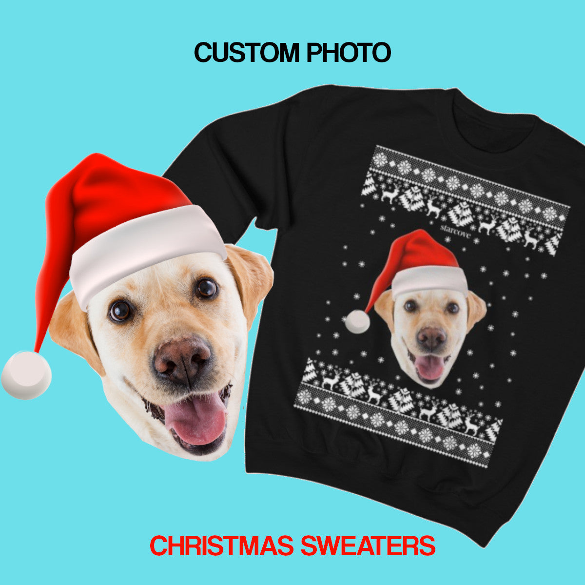 Custom Dog Face Christmas Sweater, Funny Xmas Ugly Sweatshirt Personalized Holiday Photo Dog Cat Pet Matching Family Santa Hat Gift Starcove Fashion