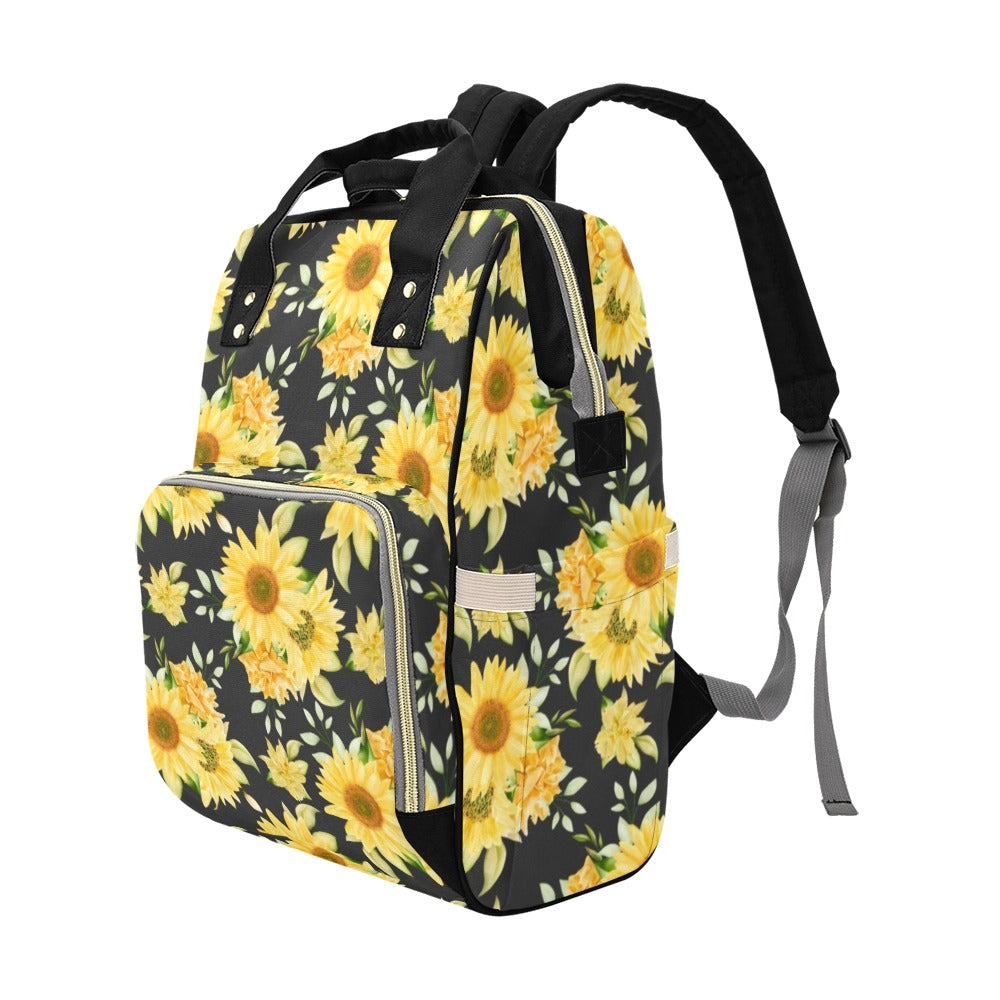 Sunflower Diaper Bag Backpack, Yellow Flowers Baby Boy Girl Waterproof Insulated Pockets Stylish Mom Dad Designer Men Women Multipurpose