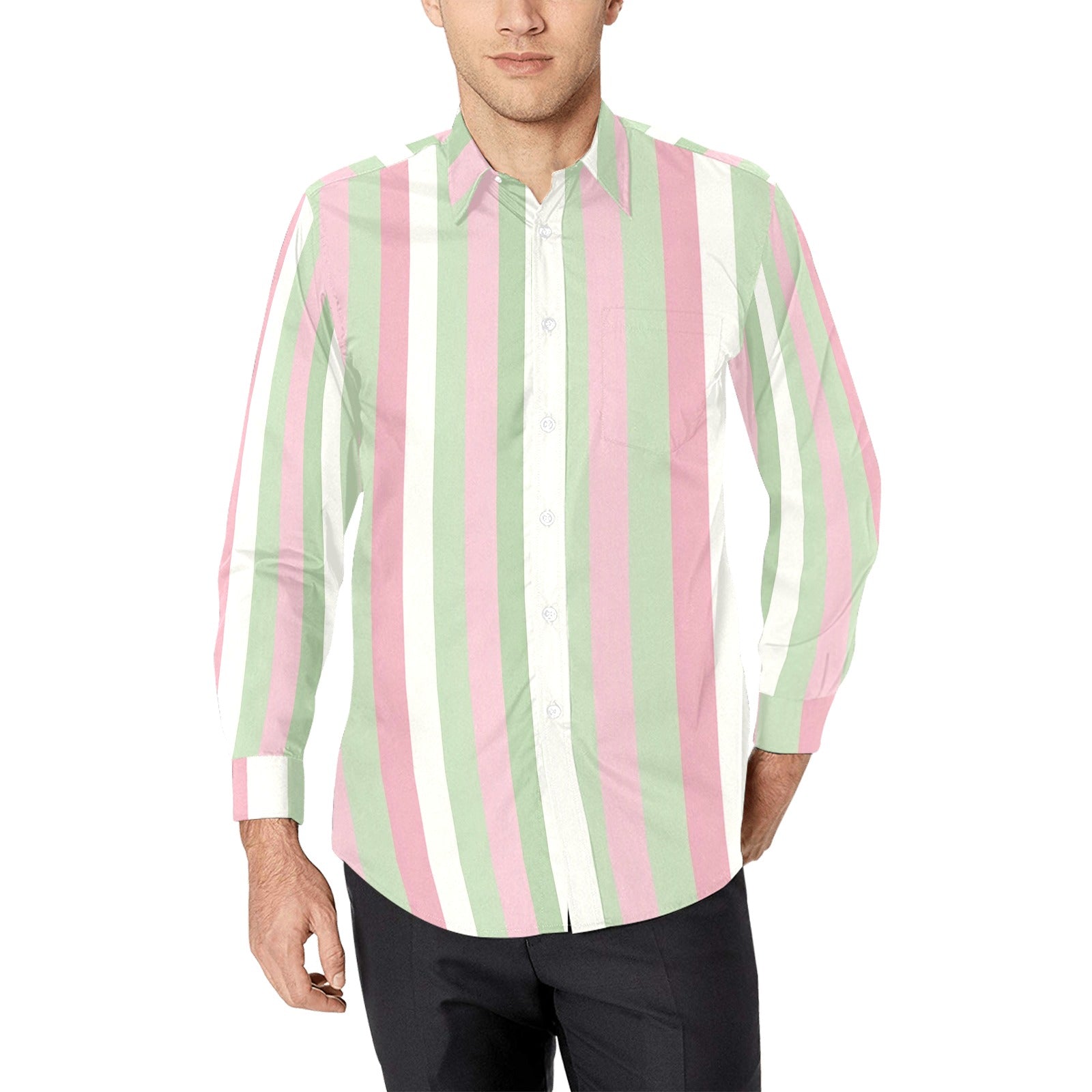 Pink Green Striped Long Sleeve Men Button Up Shirt, Pastel White Print Buttoned Collared Dress Shirt with Chest Pocket 2XL Pink Green Striped Long Sleeve Men Button Up Shirt, Pastel White Print Buttoned Collared Dress Shirt with Chest Pocket 2XL