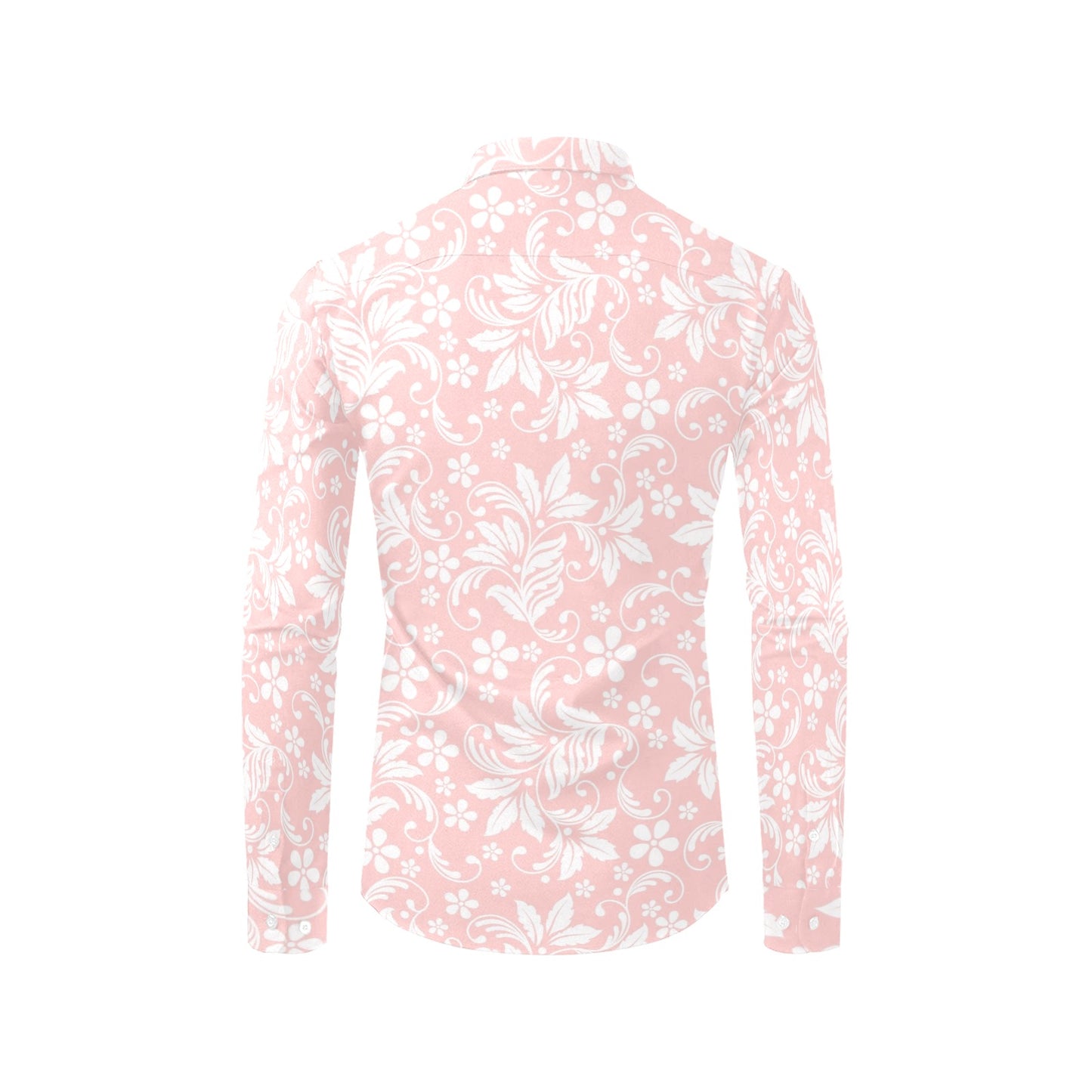 Pink Floral Long Sleeve Men Button Up Shirt, Flowers Print White Casual Buttoned Collared Designer Dress Shirt with Chest Pocket Starcove Fashion