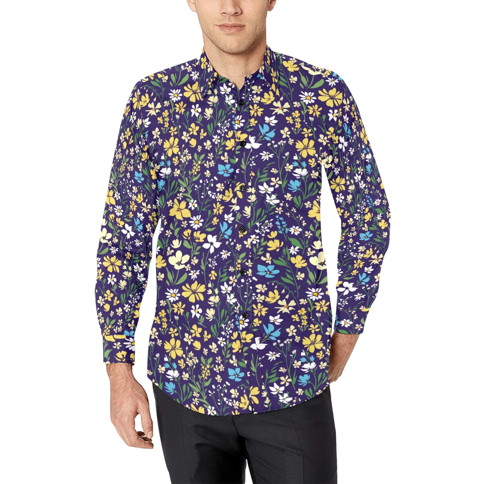 Floral Long Sleeve Men Button Up Shirt, Flowers Purple Print Casual Buttoned Collared Designer Dress Shirt with Chest Pocket L Floral Long Sleeve Men Button Up Shirt, Flowers Purple Print Casual Buttoned Collared Designer Dress Shirt with Chest Pocket L