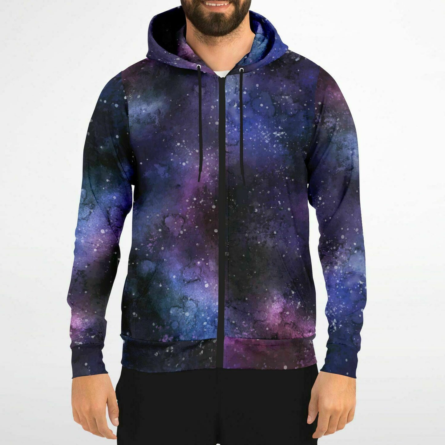 Galaxy Space Zip Up Hoodie, Purple Stars Front Universe Zipper Pocket Men Women Unisex Adult Aesthetic Cotton Fleece Hooded Sweatshirt Starcove Fashion