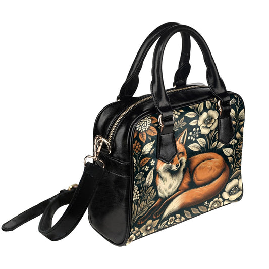 Fox Purse, Red Animal Print Floral Forest Pattern Cute Small Shoulder Bag Vegan Leather Women Ladies Designer Handbag Crossbody