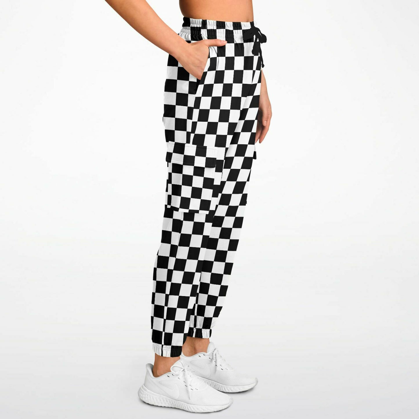 Checkered Cargo Pants with Flap Pockets, Black White Check Women Men Fleece Joggers Sweatpants Cotton Sweats Streetwear Starcove Fashion