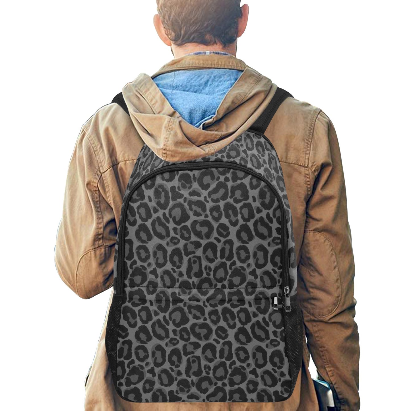 Black Leopard Backpack, Cheetah Animal Print Men Women Kids Gift Him Her School College Waterproof Side Mesh Pockets Aesthetic Bag
