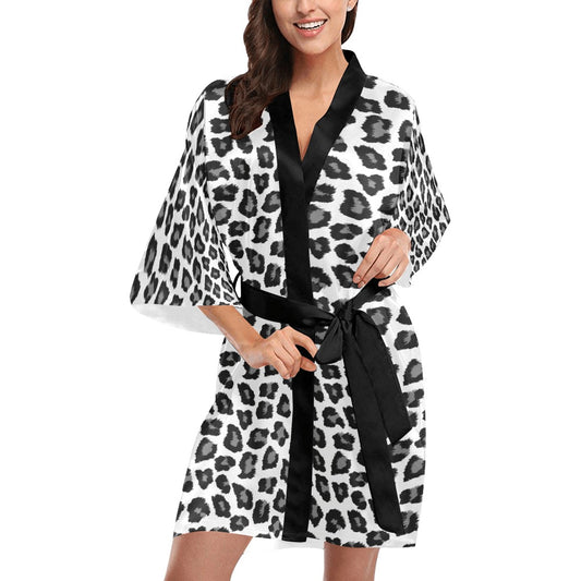 Snow Leopard Print Kimono Robe, Animal Black White Women's Lounge Peignoir Sleepwear Sexy Short Long Bathrobe Pajamas