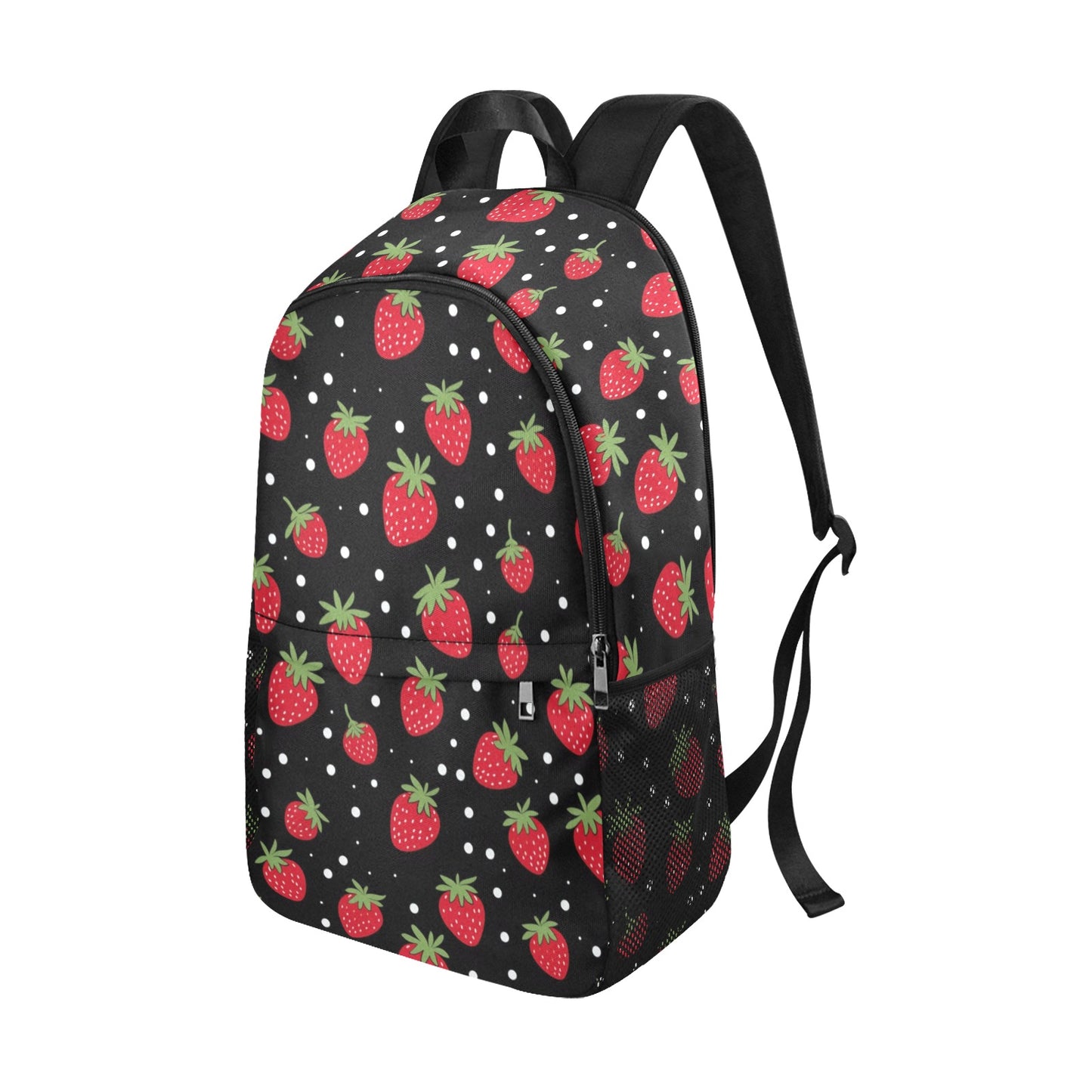 Strawberry Backpack, Red Fruit Black Print Men Women Kids Gift Him Her School College Waterproof Side Mesh Pockets Aesthetic Bag