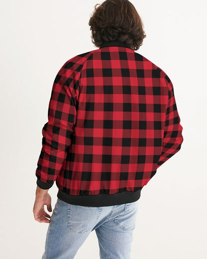 Red Buffalo Plaid Men's Bomber Jacket, Black Check Checkered Streetwear Winter Warm Designer Varsity Coat Starcove Fashion