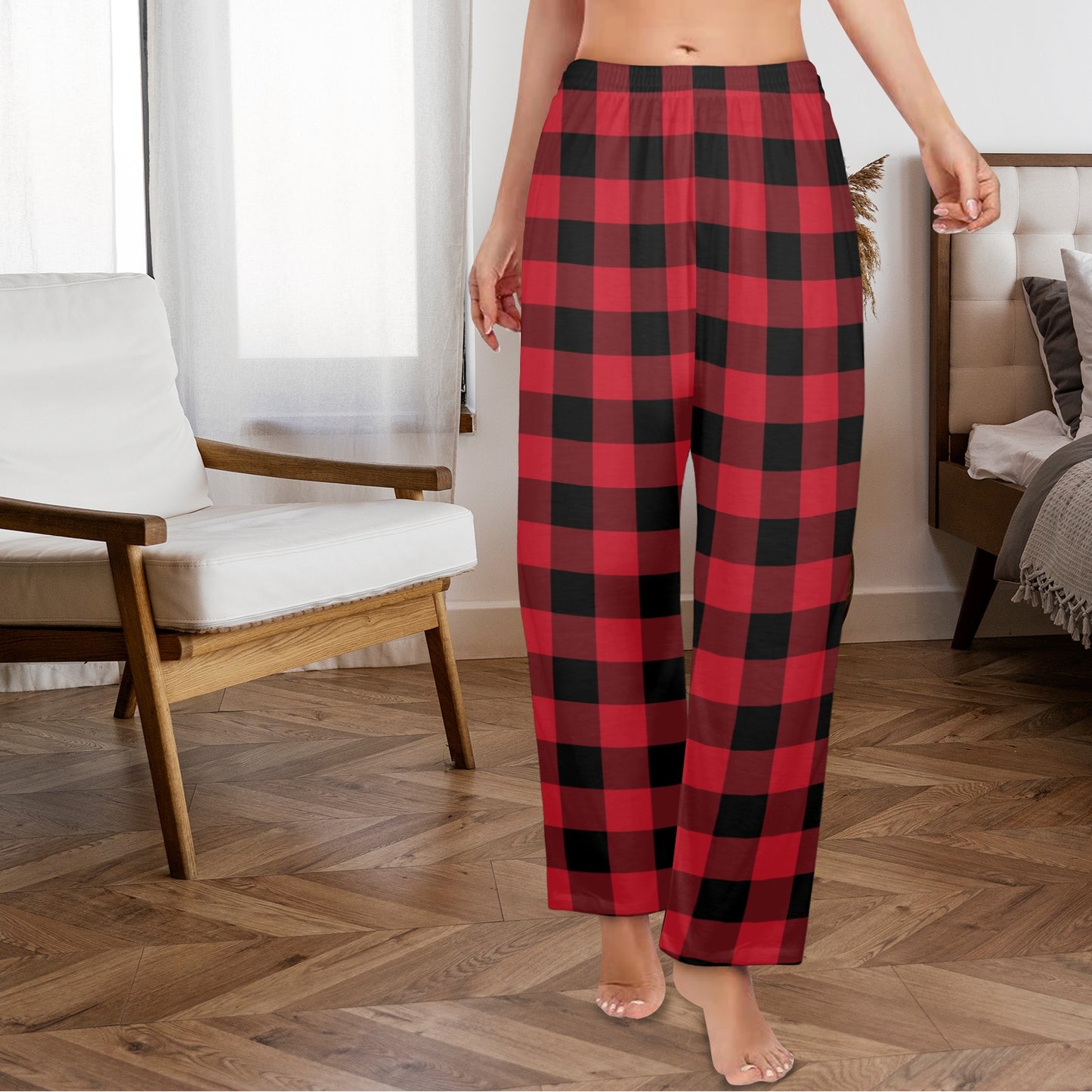 Red Buffalo Plaid Women Pajamas Pants, Black Check Christmas Xmas Satin PJ Funny Pockets Trousers Couples Matching Ladies Trousers Bottoms