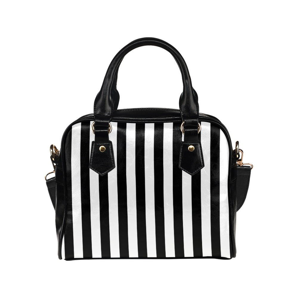 Black and White Striped Purse Handbag, Pinstripe Stripes Vertical Print Small Mini Shoulder Bag Vegan Leather Women Designer Crossbody Starcove Fashion