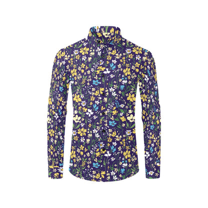 Floral Long Sleeve Men Button Up Shirt, Flowers Purple Print Casual Buttoned Collared Designer Dress Shirt with Chest Pocket