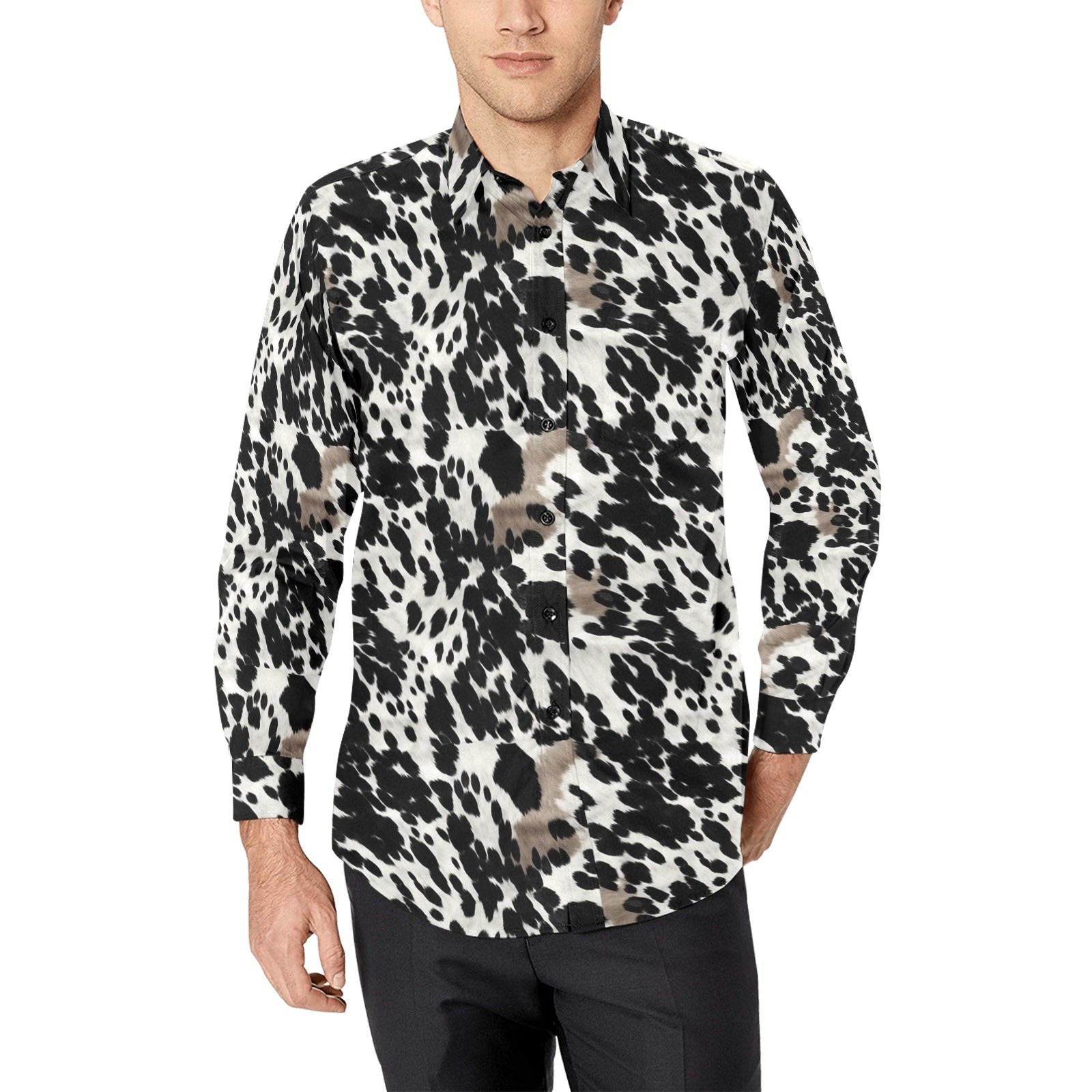 cow print dress shirt Cow Print Long Sleeve Men Button Up Shirt, Black White Animal Guys Male Print Buttoned Down Collared Graphic Casual Dress Shirt XS