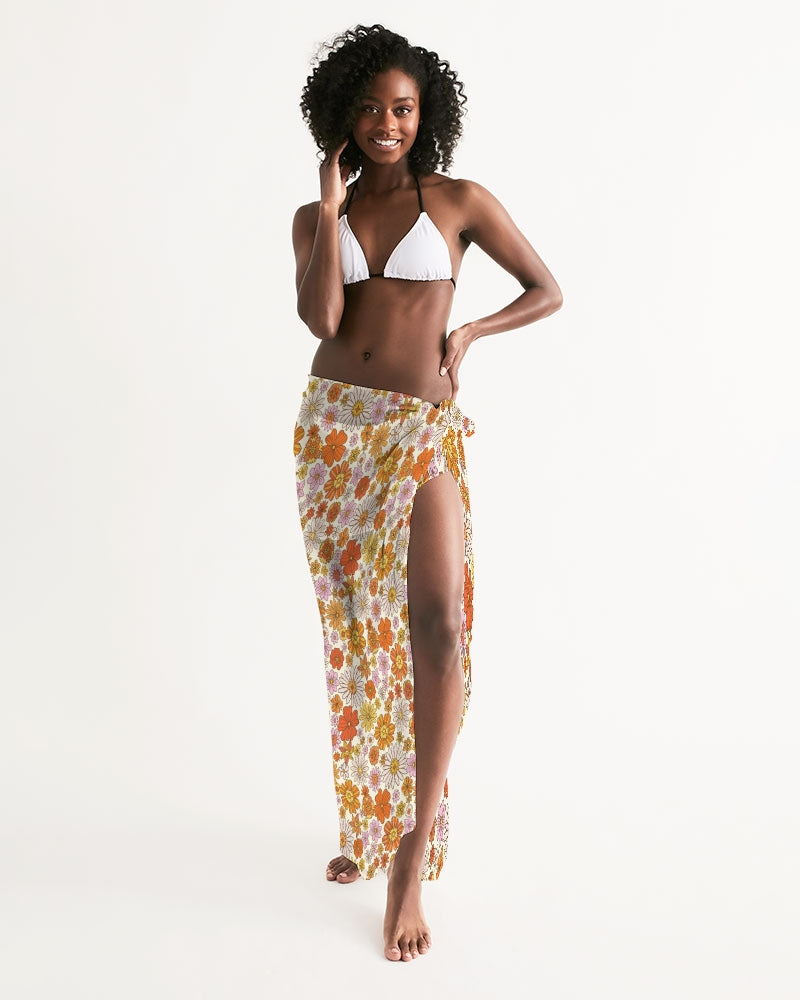 Groovy Flowers Swim Cover Up Women, Retro Floral 70s Wrap Front Sarong Bikini Bathing Suit Beach Sexy Long Flowy Skirt Coverup Starcove Fashion