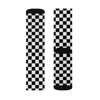 Black White Checkered Socks, 3D Printed Sublimation Check Pattern Racing Flag Women Men Fun Cool Funky Casual Cute Unique Socks Starcove Fashion