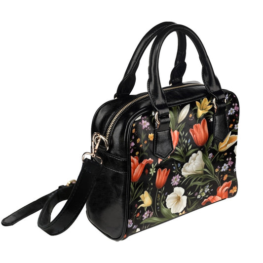 Floral Purse, Wild Flowers Yellow Red White Retro Pattern Cute Small Shoulder Zip Bag Vegan Leather Women Designer Handbag Crossbody Ladies