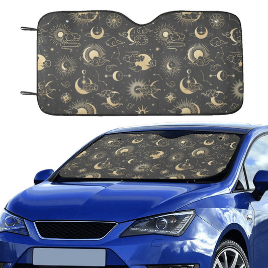 Sun Moon Windshield Sun Shade, Black Boho Bohemian Asian Stars Car Accessories Auto Cover Protector Window Visor Screen Decor 55" x 29.53"