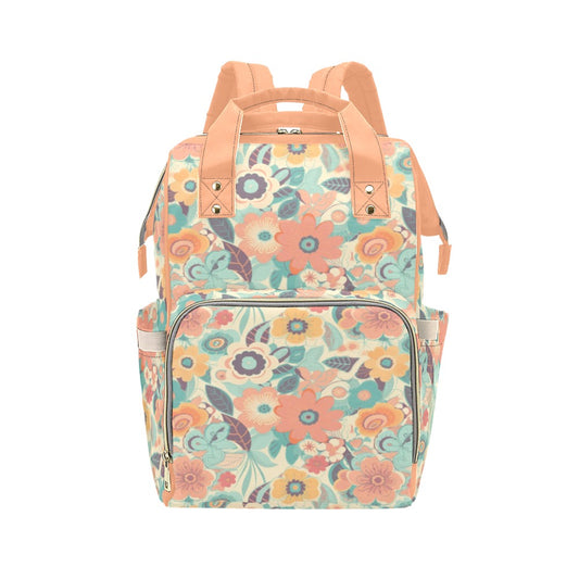 Retro Floral Diaper Bag Backpack, Pink Pastel Flowers Groovy 70s Baby Girl Waterproof Insulated Pockets Mom Designer Men Women Multipurpose Starcove Fashion