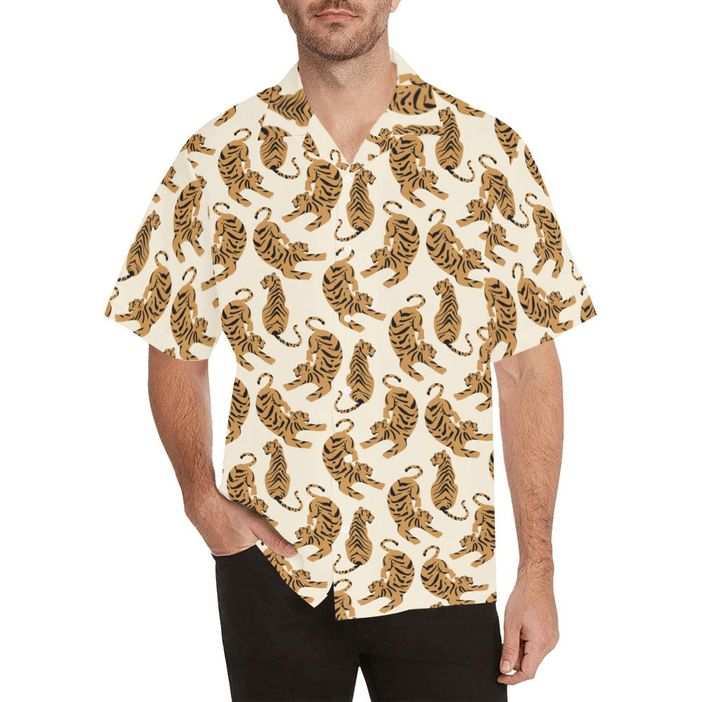 Tiger Men Hawaiian Shirt, Animal Print Vintage Retro Summer Tropical Hawaii  Aloha Beach Plus Size Cool Leaves Button Down Shirt