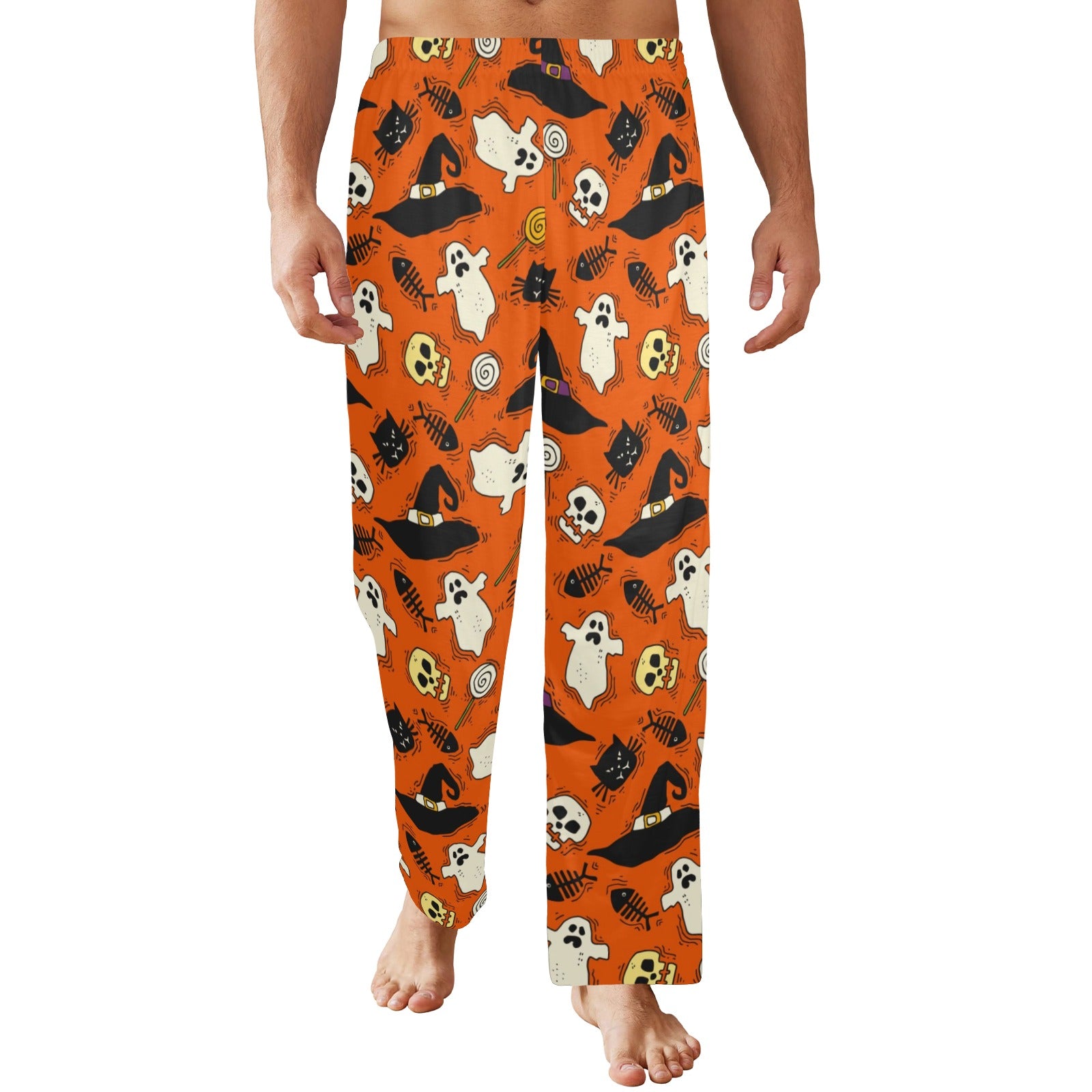 Halloween Men Pajamas Pants, Orange Pumpkin Spooky Ghost Skull