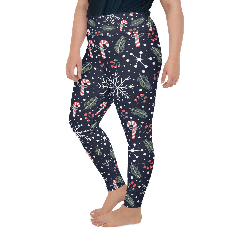 Plus Size Christmas Leggings, Snow Sugar Cane Snowflakes Winter Workout Yoga Pants Mommy and Me Matching Yoga Pants (2XL-6XL) Starcove Fashion