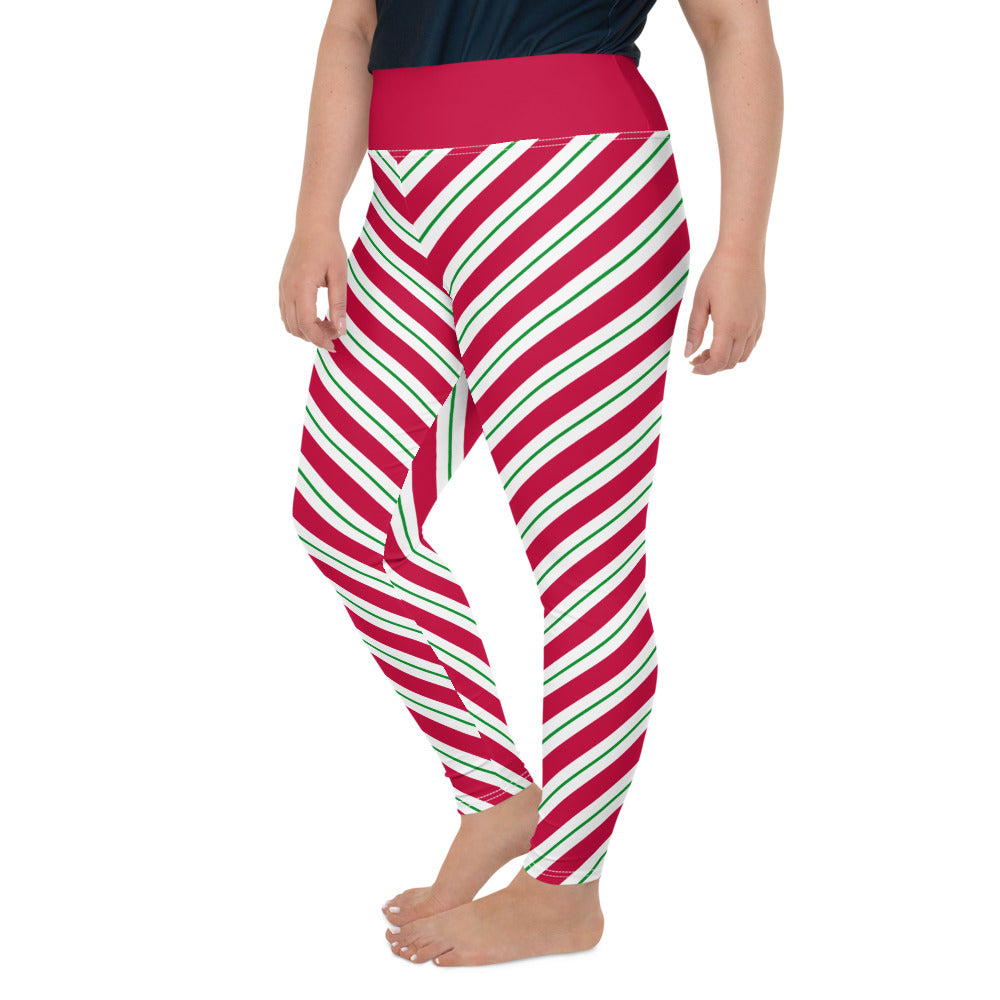 Candy Cane Plus Size Christmas Leggings, Holiday Printed Elf Santa Xmas Red White Green Striped High Waisted Rise Workout Yoga Pants (2-6XL) Starcove Fashion