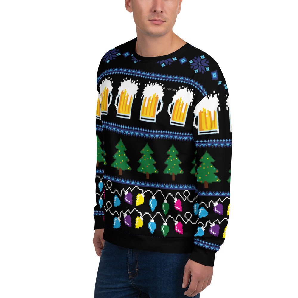 Ugly Christmas Sweater, Party Funny Men Women Lights Beer Stein glass Drinking Bar Tree Xmas Holiday Snowflakes Black Sweatshirt Top Starcove Fashion