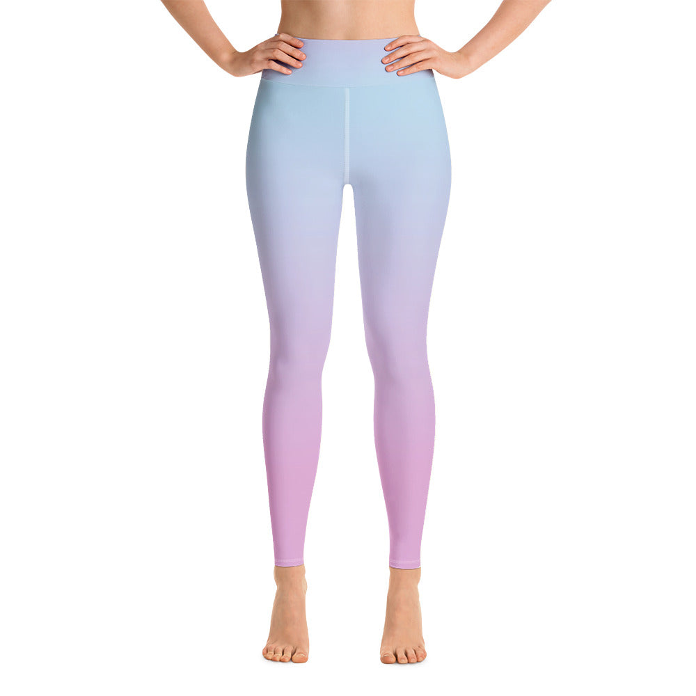 Ombre Pastel Blue Pink Leggings, Gradient Tie Dye Printed Yoga