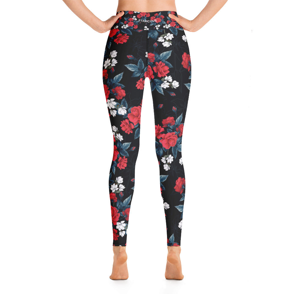 Floral Leggings for Women, Red Rose Flowers Black Yoga Pants High Rise Waisted Printed Cute Print Graphic Workout Running Gym Fun Gift Starcove Fashion