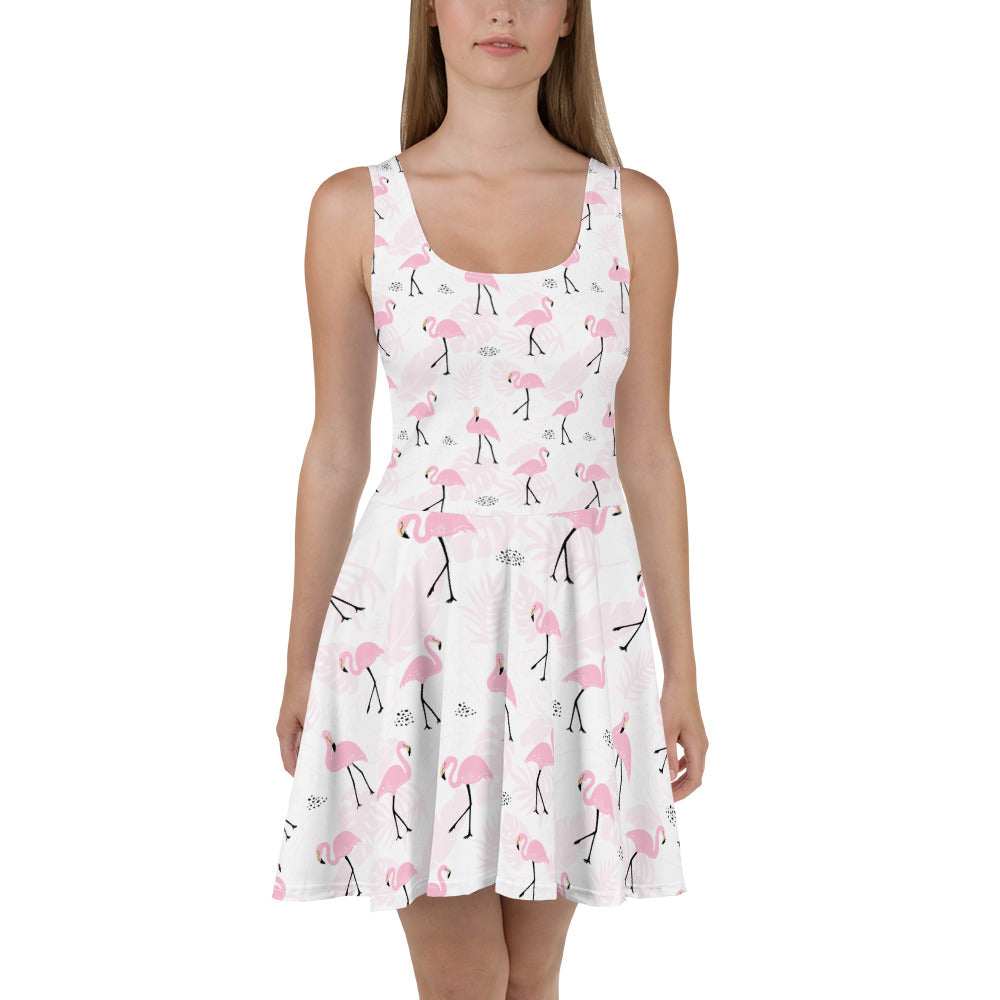 Flamingo Tropical Dress, Cute Pink Miami Beach Leaves Flowers, Summer Feather Party Dress, Circle Skater Dress 2XL Flamingo Tropical Dress, Cute Pink Miami Beach Leaves Flowers, Summer Feather Party Dress, Circle Skater Dress 2XL