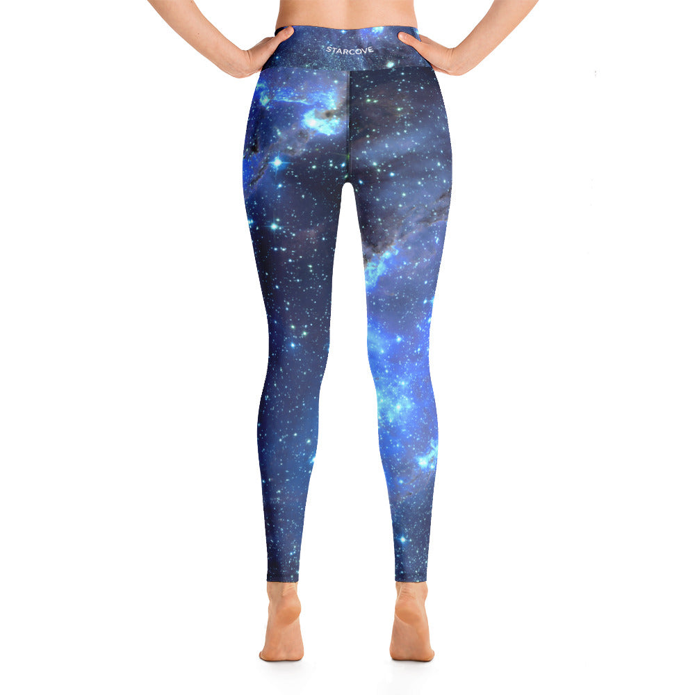 Galaxy Leggings, Yoga Space Print Pants, Blue Cosmic Celestial Constellation Outer Star Royal High Rise Waisted Workout Leggings Starcove Fashion