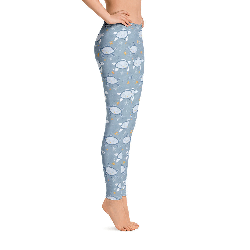 Turtle Leggings, Sea Turtle Pants Ocean Printed Grey Print Yoga Pants Cute Graphic Workout Running Gym Fun Designer Patterned Leggings Starcove Fashion