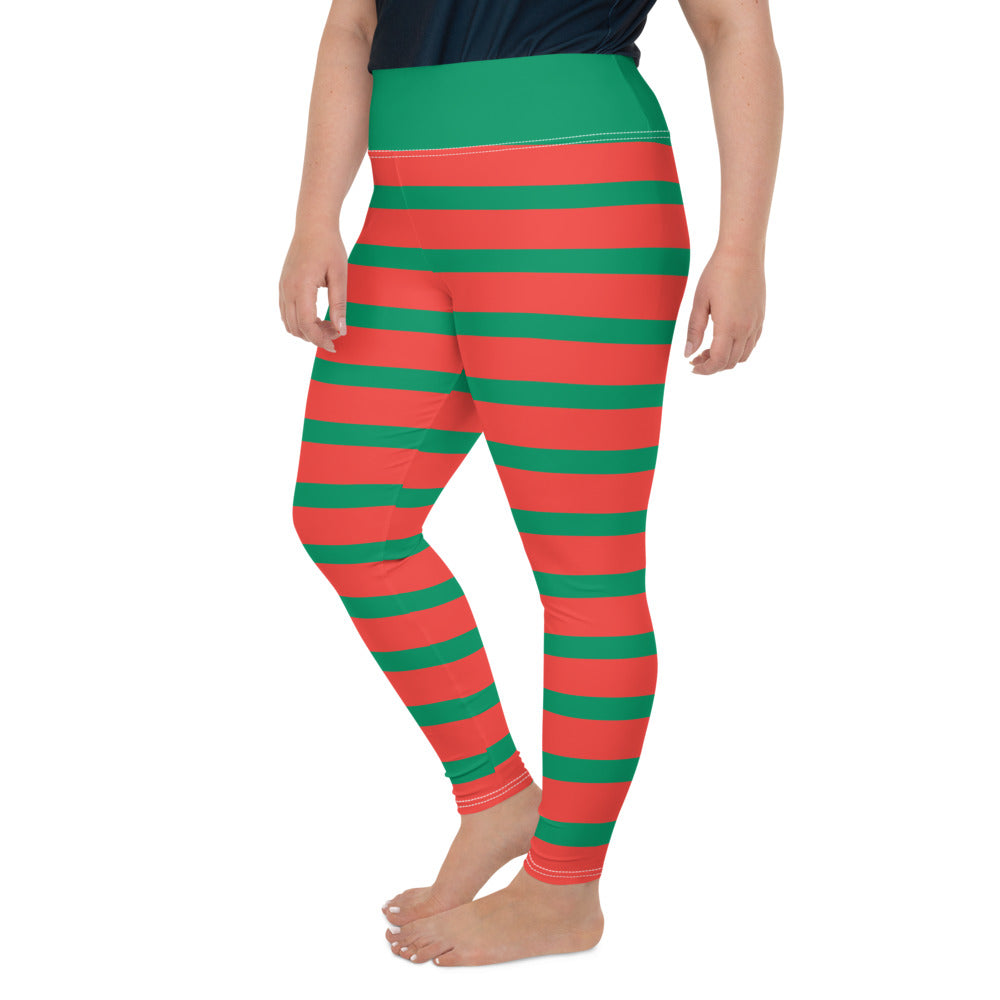 Plus Size Leggings, Elf Christmas Leggings for Women, Red Green Striped Ugly Xmas Holiday Costume Printed Graphic Yoga Pants Cute Workout Starcove Fashion