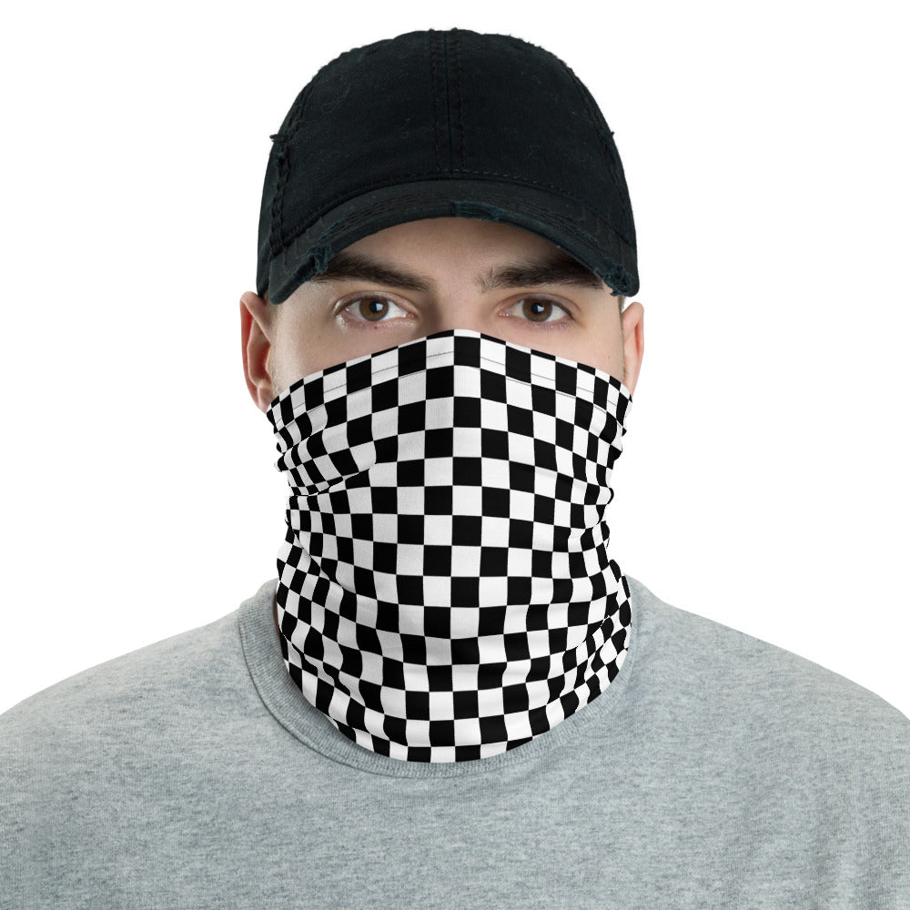Black White Check Face Mask Neck Gaiter, Checkered Gingham Racing