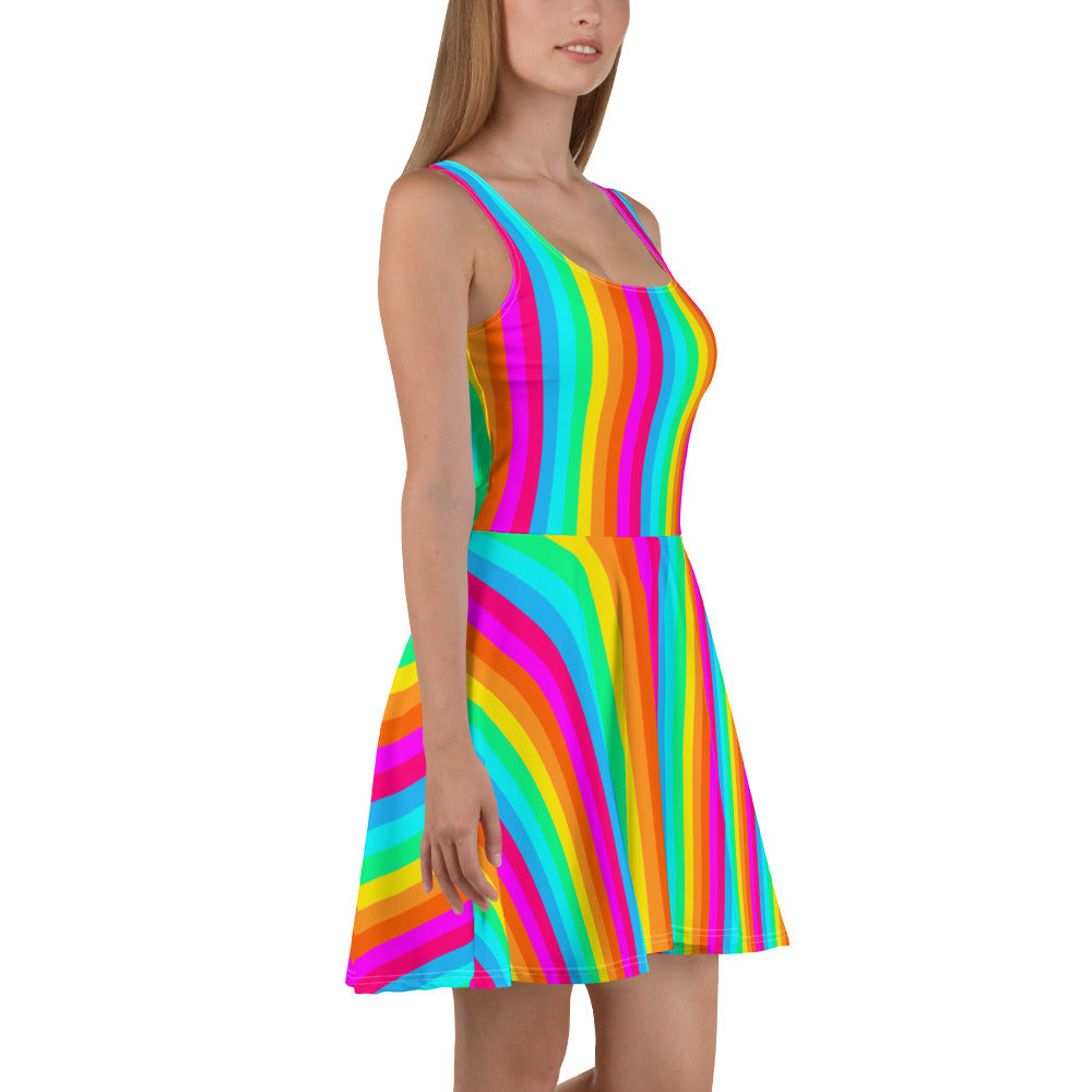 Rainbow Stripe Skater Dress Women, Fit and Flare Colorful Pride Festival Party Fun Mini Sleeveless Vertical Striped Circle Starcove Fashion