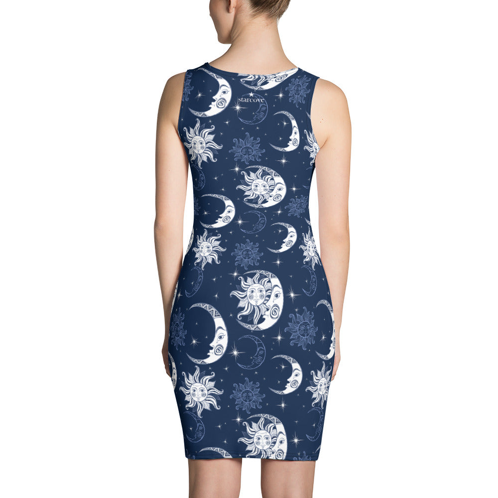 Constellation Dress, Blue Retro Sun Moon Outer Space Celestial Stars Night Sky Galaxy Dress Astrology Planet Party Bodycon Mini Pencil Woman Starcove Fashion