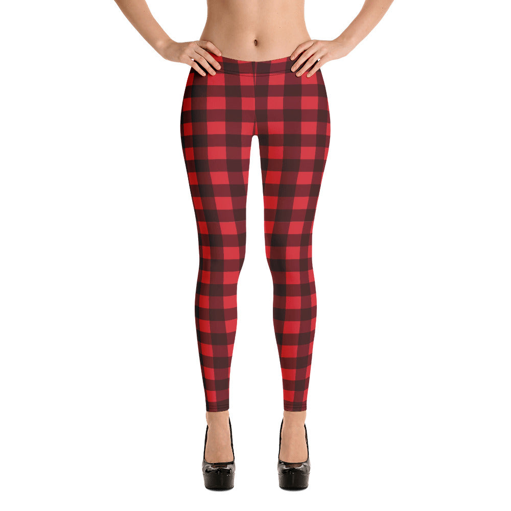 Red Buffalo Plaid Leggings for Women, Cute Printed Holiday