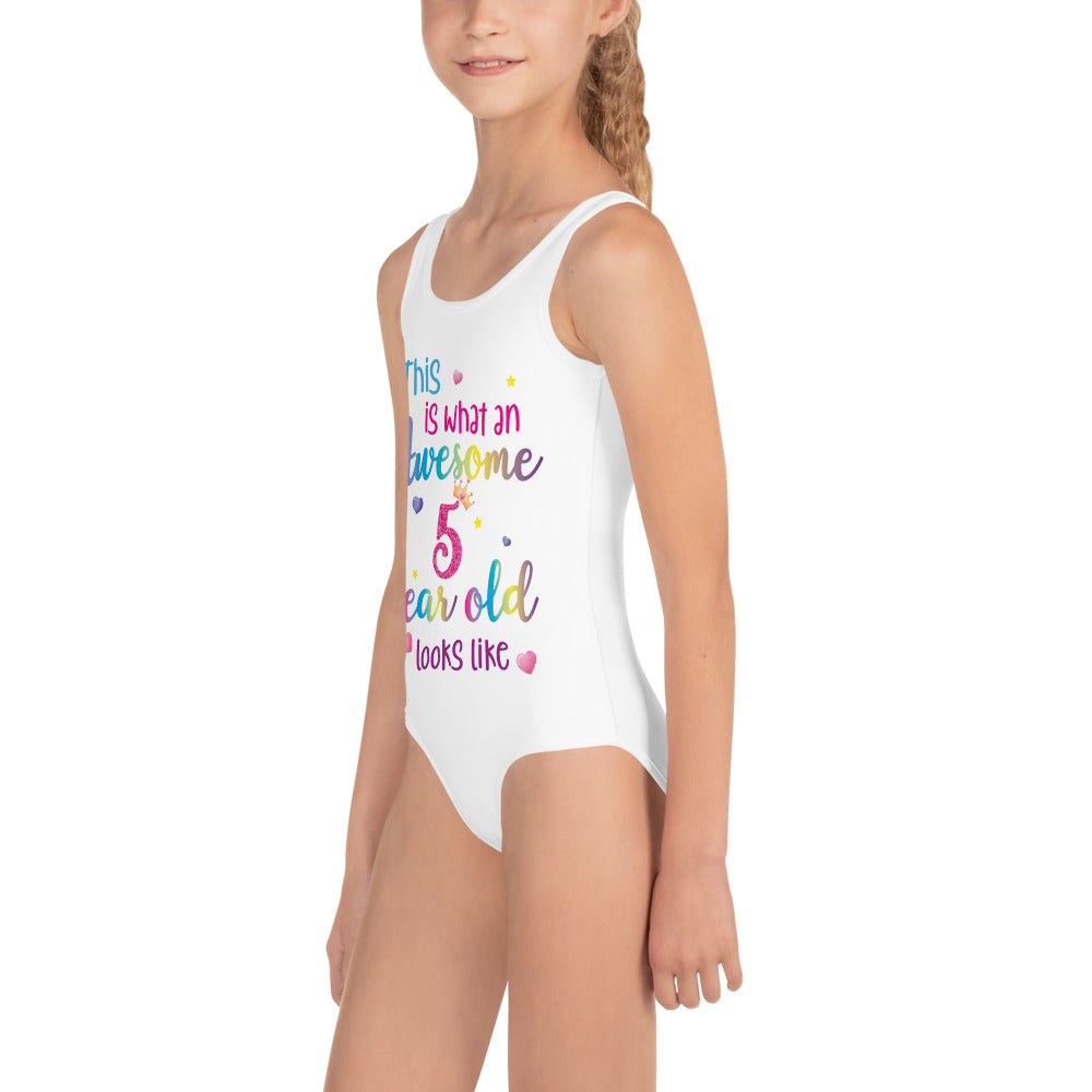 This is What an Awesome 5 Year Old Looks Like Girls Swimsuit, Birthday 5th Five Year Fun Rainbow Party Gift Kids One Piece Bathing Suit Swimwear Starcove Fashion