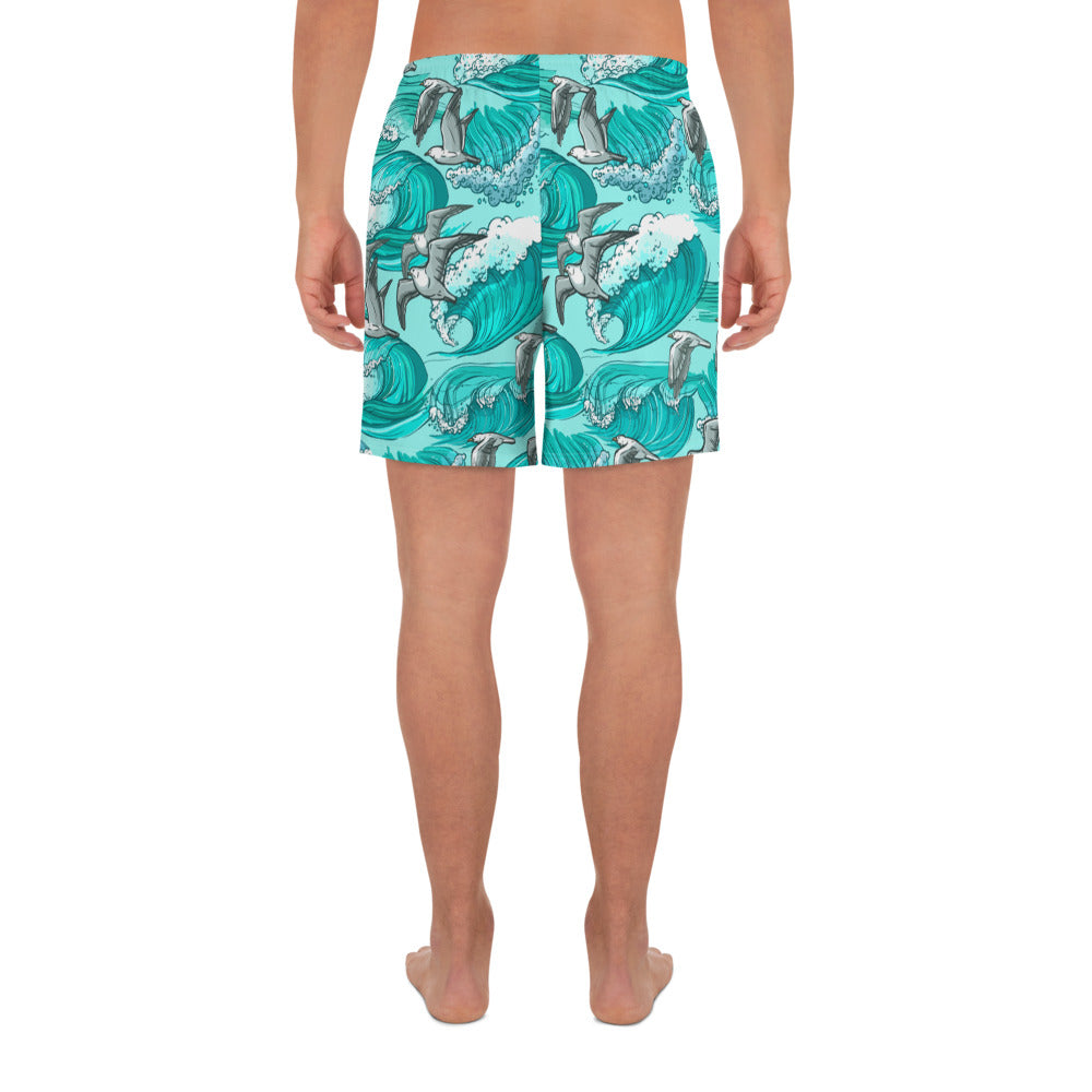 Sea Wave Men Shorts, Men's Athletic Long Swim Shorts, Seagull Surf Illustration, Matching Family Swimwear Starcove Fashion