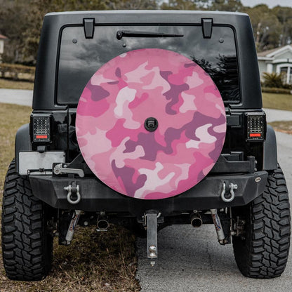 Pink Camo Spare Tire Cover, Camouflage Backup Camera Hole Unique Back Extra Wheel Cars RV Men Women Girls Trailer Campers